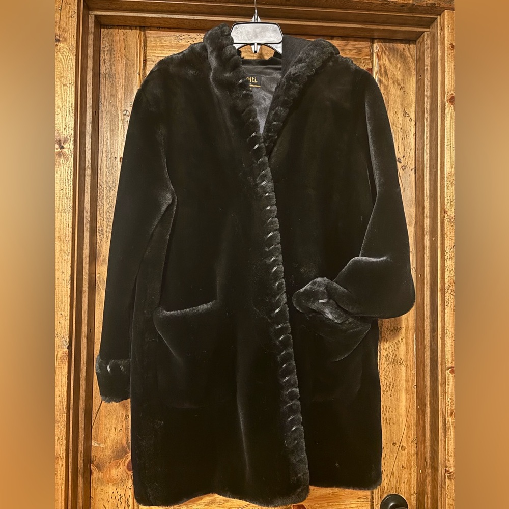 Luxurious Black Hooded Faux Fur Jacket with Black Leather Trim detailing